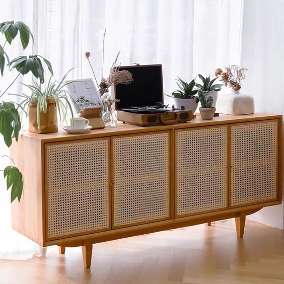 Buffet Rotan MInimalis Kombinasi Kayu Jati iKayu Natural Finish