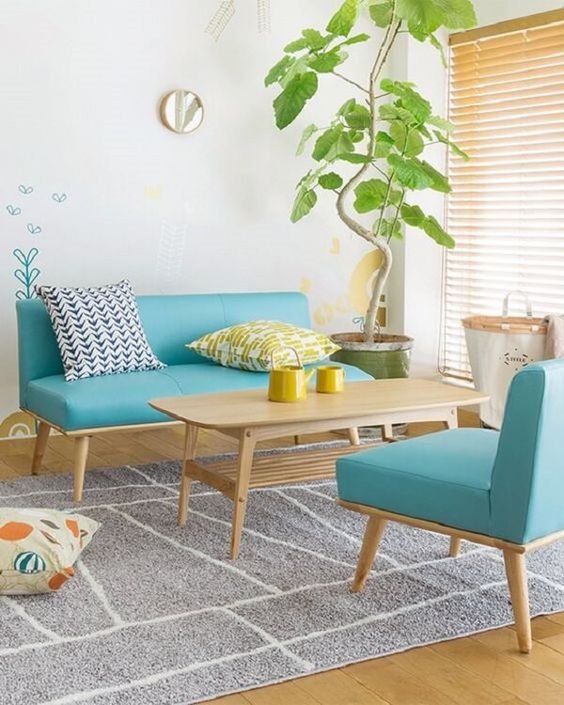 Kursi Tamu Sofa set Green Blue Minimalis iKayu Finishing Natural Walnut