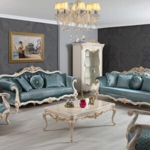 Sofa Tamu Ukir Mewah Finishing Putih Kombinasi Gold